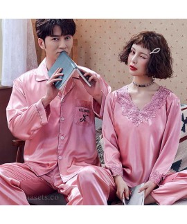 Couple Pajamas Ice Silk Sexy Thin Section Long-sle...