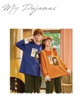 Autumn Korean simple round neck long-sleeved trousers casual two-piece Couple home service pajamas suit