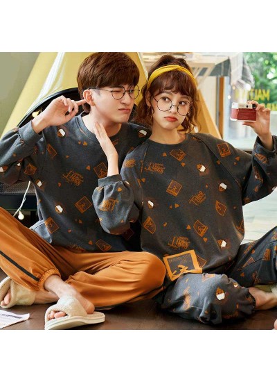 Autumn Korean simple round neck long-sleeved trousers casual two-piece Couple home service pajamas suit