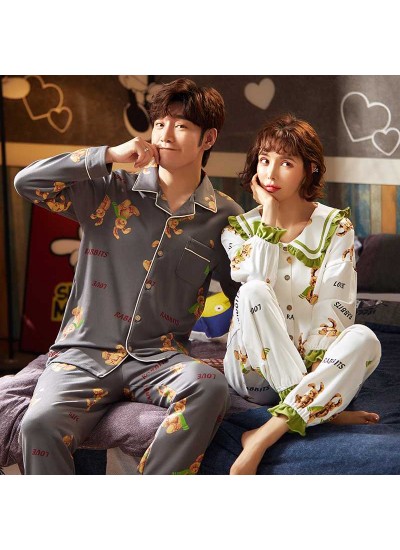 Korean cartoon cute home clothes lapel cardigan sweet mens women pajamas can be worn outside