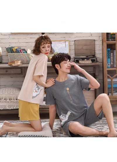 Cotton Short-sleeved thin section loose large size men and women two-piece pajamas set