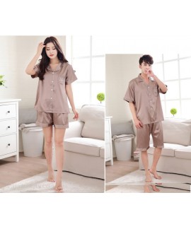 Summer Korean simulation silk couple short sleeve wide loose shirt V-neck pajamas suit