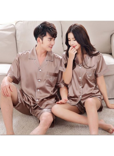 Summer Korean simulation silk couple short sleeve wide loose shirt V-neck pajamas suit