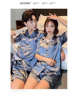 Ins Short-sleeved Ice Silk Two-piece Cartoon Print Thin Couple Pajamas Home Service