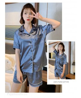 Ins Short-sleeved Ice Silk Two-piece Cartoon Print Thin Couple Pajamas Home Service