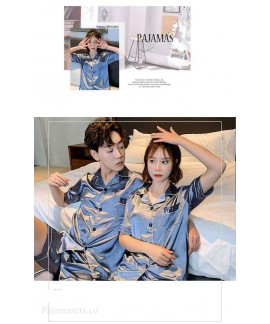 Ins Short-sleeved Ice Silk Two-piece Cartoon Print Thin Couple Pajamas Home Service