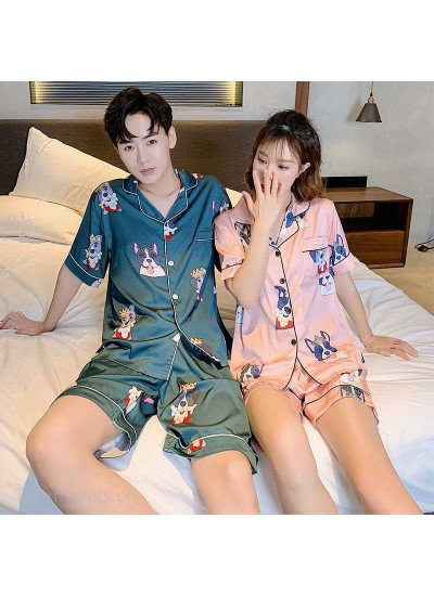 Ins Short-sleeved Ice Silk Two-piece Cartoon Print Thin Couple Pajamas Home Service