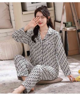 Ice silk couple printed letter long-sleeved two-piece satin chiffon men and women Pajamas