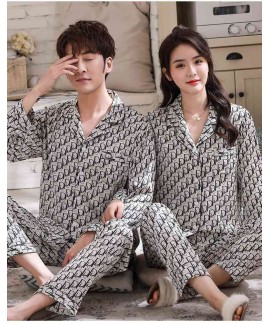 Ice silk couple printed letter long-sleeved two-piece satin chiffon men and women Pajamas