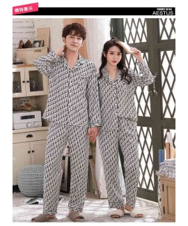 Ice silk couple printed letter long-sleeved two-piece satin chiffon men and women Pajamas