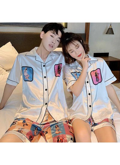 Couple ice silk short-sleeved thin section enlarged code home service pajamas suit
