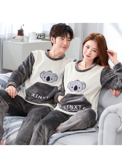 Korean Thickened flannel cartoon coral fleece warm mens ladies couple pajamas suit