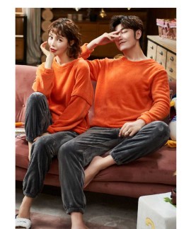Lovers winter thick flannel long-sleeved round neck leisure coral fleece pajamas suit