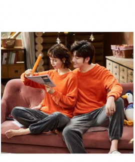 Lovers winter thick flannel long-sleeved round neck leisure coral fleece pajamas suit