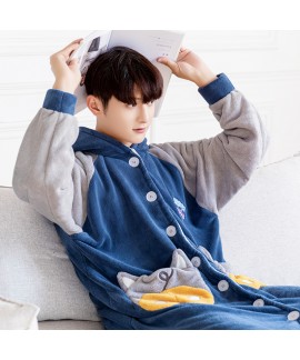 Cartoon pig long coral fleece plus velvet thickening bathrobe flannel men and women Nightgown