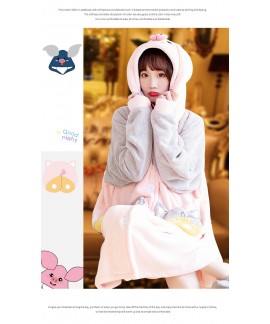 Cartoon pig long coral fleece plus velvet thickening bathrobe flannel men and women Nightgown