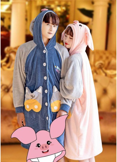 Cartoon pig long coral fleece plus velvet thickening bathrobe flannel men and women Nightgown