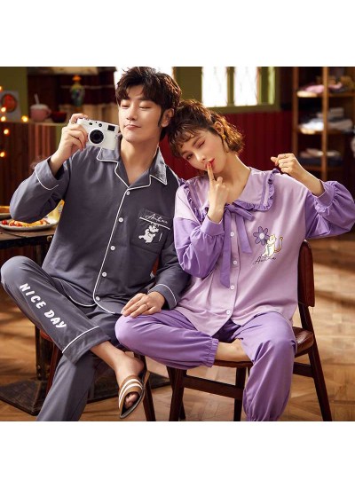 Couple cotton long-sleeved lapel cardigan cartoon cute home service suit