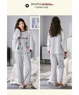 Giraffe print cotton knitted long-sleeved winter casual couple pajamas set