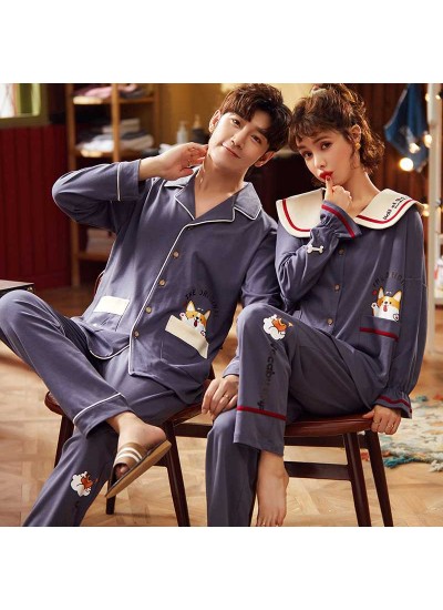 long sleeve cotton cute dog rabbit cartoon print lapel cardigan couple pajamas suit