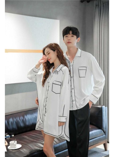 Spring new thin loose ice silk long-sleeved couple shirt nightdress