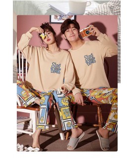 Hooded collarless lively cute cartoon new couple knitted cotton pajamas set