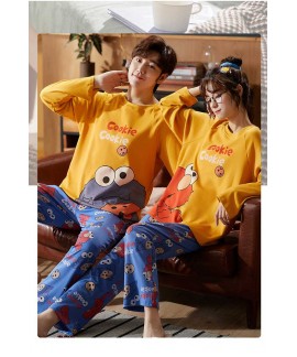 Hooded collarless lively cute cartoon new couple knitted cotton pajamas set