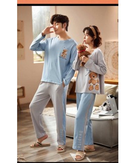 Hooded collarless lively cute cartoon new couple knitted cotton pajamas set