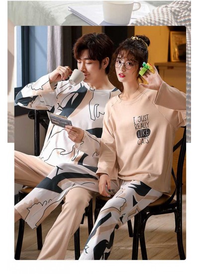 Hooded collarless lively cute cartoon new couple knitted cotton pajamas set