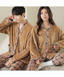Coral velvet plus velvet plaid coffee color couple pajamas can be worn outside