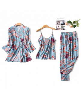 Cotton Sleepwear Female Three-piece Thin Nine-Slee...