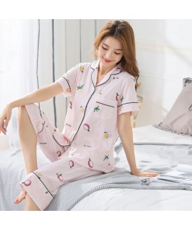 Summer short sleeves cotton pajamas women's cardigan Lapel simple sleepwear sets