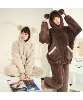 Winter Coral Velvet Thickened Solid Color Hooded Cartoon Womens Pajama Sets