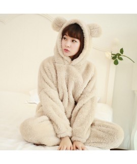 Winter Coral Velvet Thickened Solid Color Hooded Cartoon Womens Pajama Sets