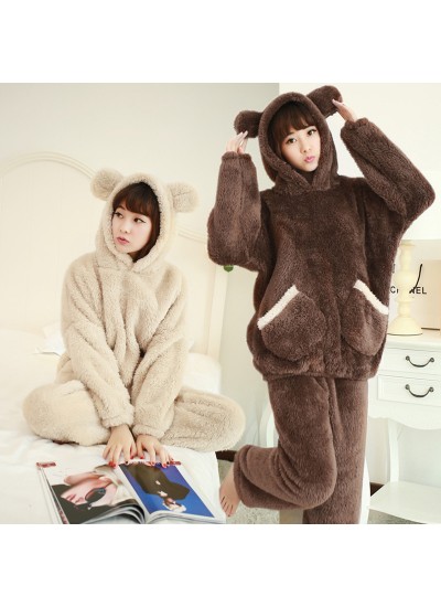 Winter Coral Velvet Thickened Solid Color Hooded Cartoon Womens Pajama Sets