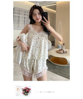 Summer snow silk cute sweet princess style suspenders shorts small floral womens pajamas