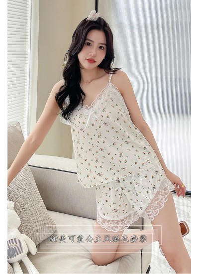 Summer snow silk cute sweet princess style suspenders shorts small floral womens pajamas