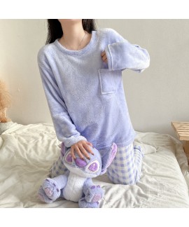 Flannel Solid Color Pullover Top Plaid Pants Simple Thin Home Clothing Suits