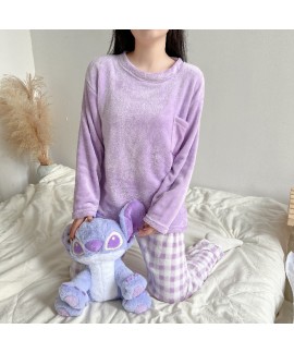 Flannel Solid Color Pullover Top Plaid Pants Simple Thin Home Clothing Suits