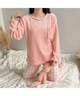 Flannel Solid Color Pullover Top Plaid Pants Simpl...