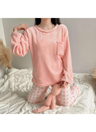 Flannel Solid Color Pullover Top Plaid Pants Simple Thin Home Clothing Suits