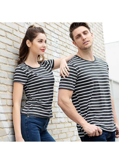 Bamboo Fiber Stripe T-Shirt Round Neck Half Sleeve Couple Sleepwear