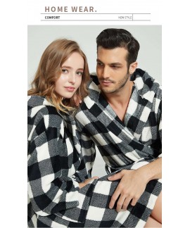 Flannel Plaid Couples Nightgown Simple Thickened Lacing Strap Home Clothes