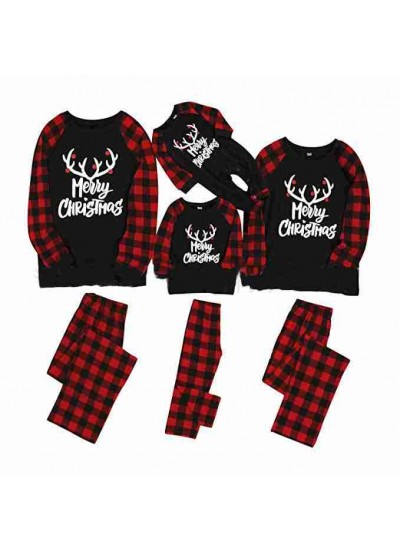 New Merry Christmas Antler Top and Plaid Pants Family Matching Pajama Set