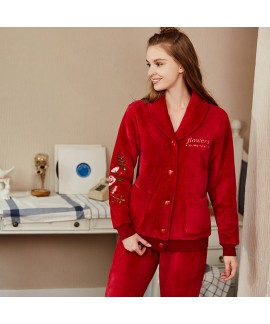 women's Lapel pajamas, cardigan printed comfortable large size home clothes