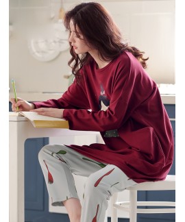 Long-sleeved pure cotton loose Long-style cartoon household pajama sets cotton can be worn outdoors