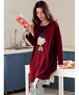 Long-sleeved pure cotton loose Long-style cartoon household pajama sets cotton can be worn outdoors