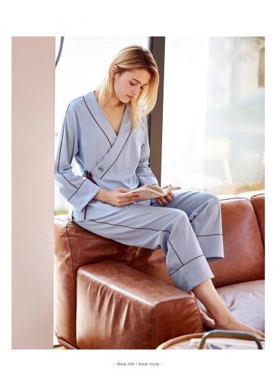 long sleeves ladies' 100% cotton pajama sets for spring and summer kimono nightwear