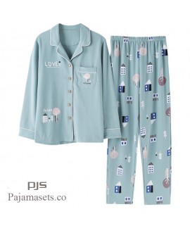 Long Sleeve Women's Cotton Pyjama sets for spring Korean Open Shirt Full sleepwear sets female