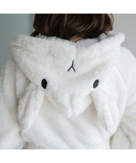 Thick Long Sleeve Cute Hooded Rabbit Flannel Ladies Bathrobe For Winter